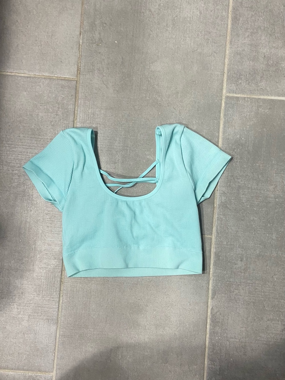 aerie Ribbed Aqua Scoop Crop Top with Cross-Back Straps
